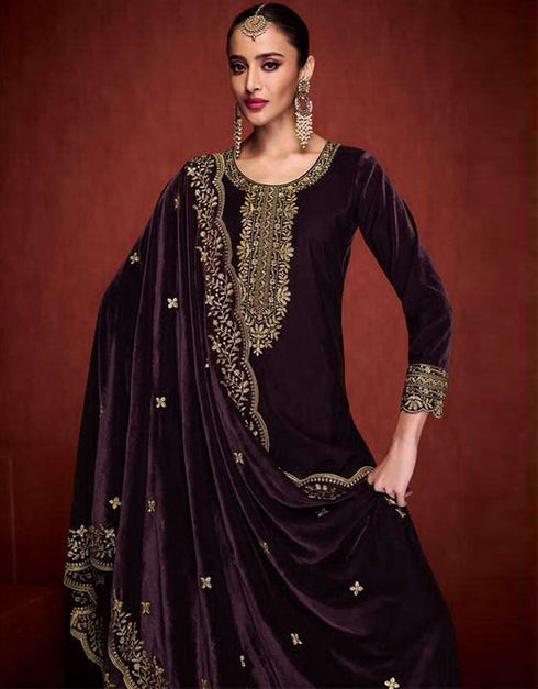 Designer Party Wear Velvet Salwar Suit Collection Purple Velvet Pant Straight Close-up View